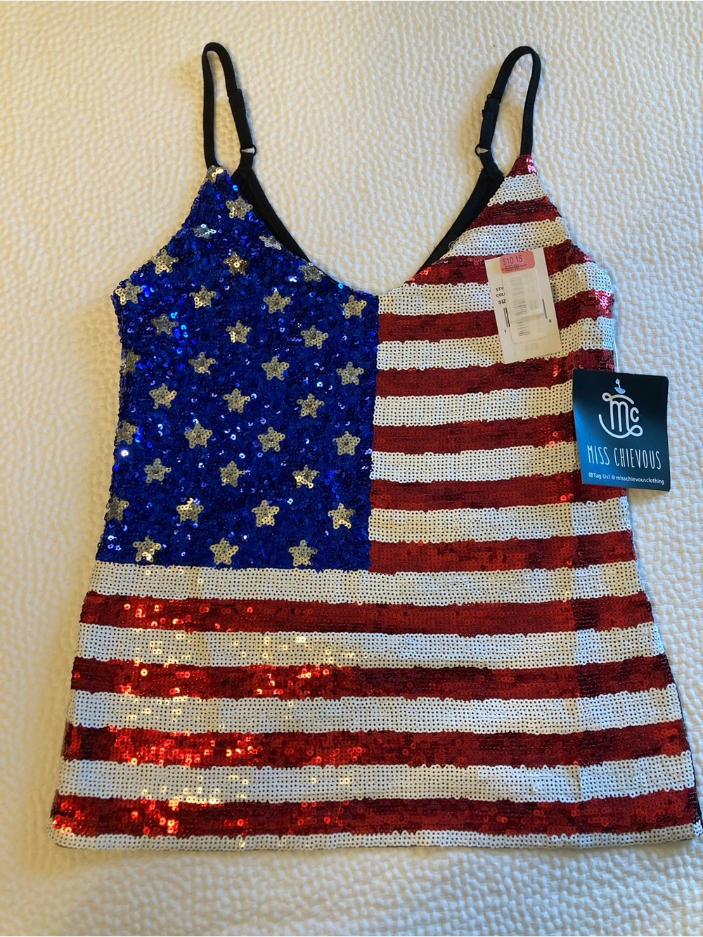 Miss Chievous Red, White Sequin Striped Tank